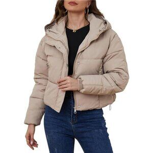 Womens Cropped Puffer Jacket Hooded Zip Up Khaki